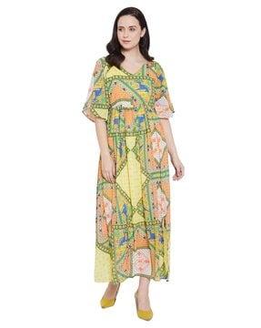 block print v-neck gown dress