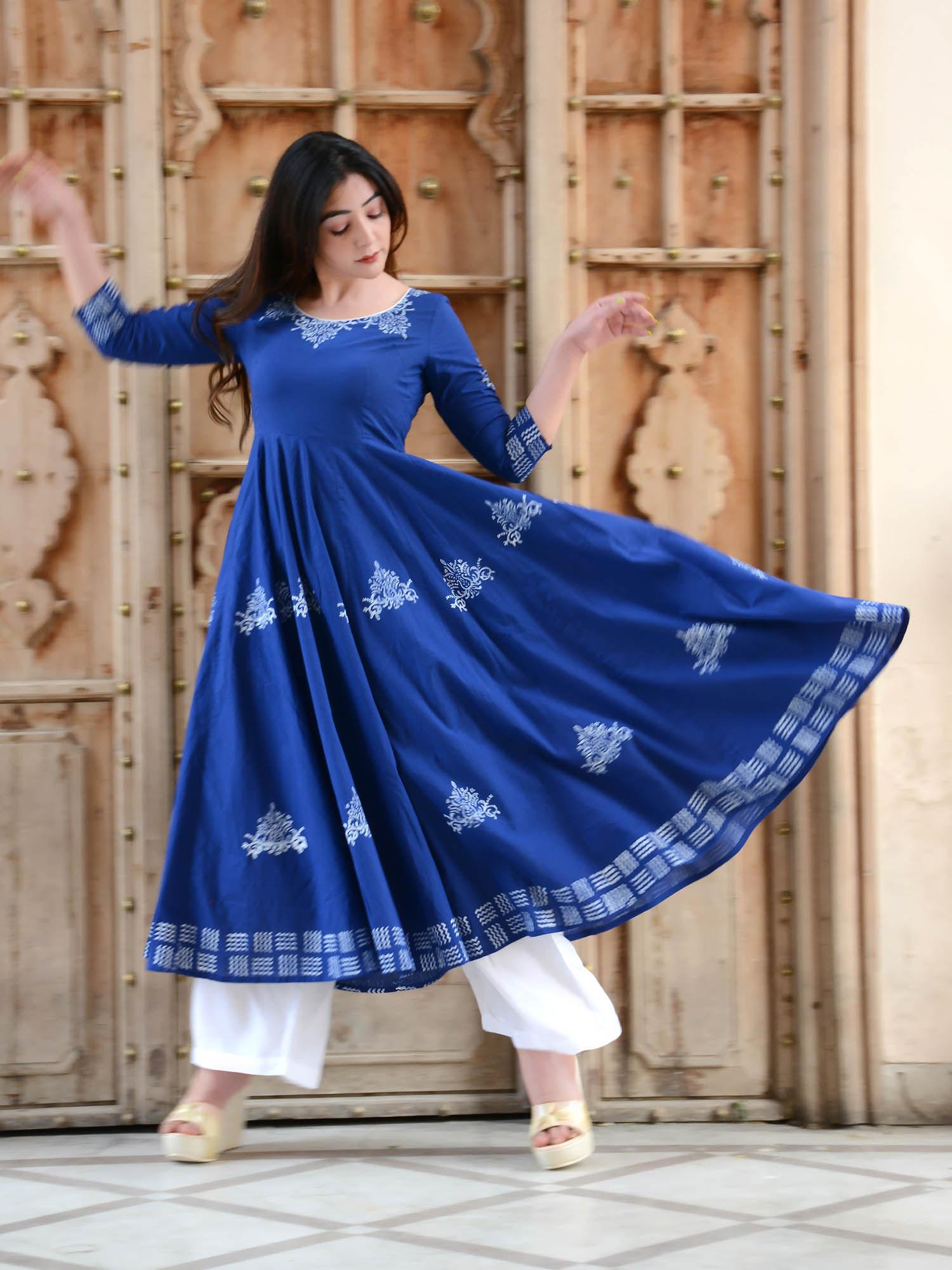 block printed anarkali blue kurta