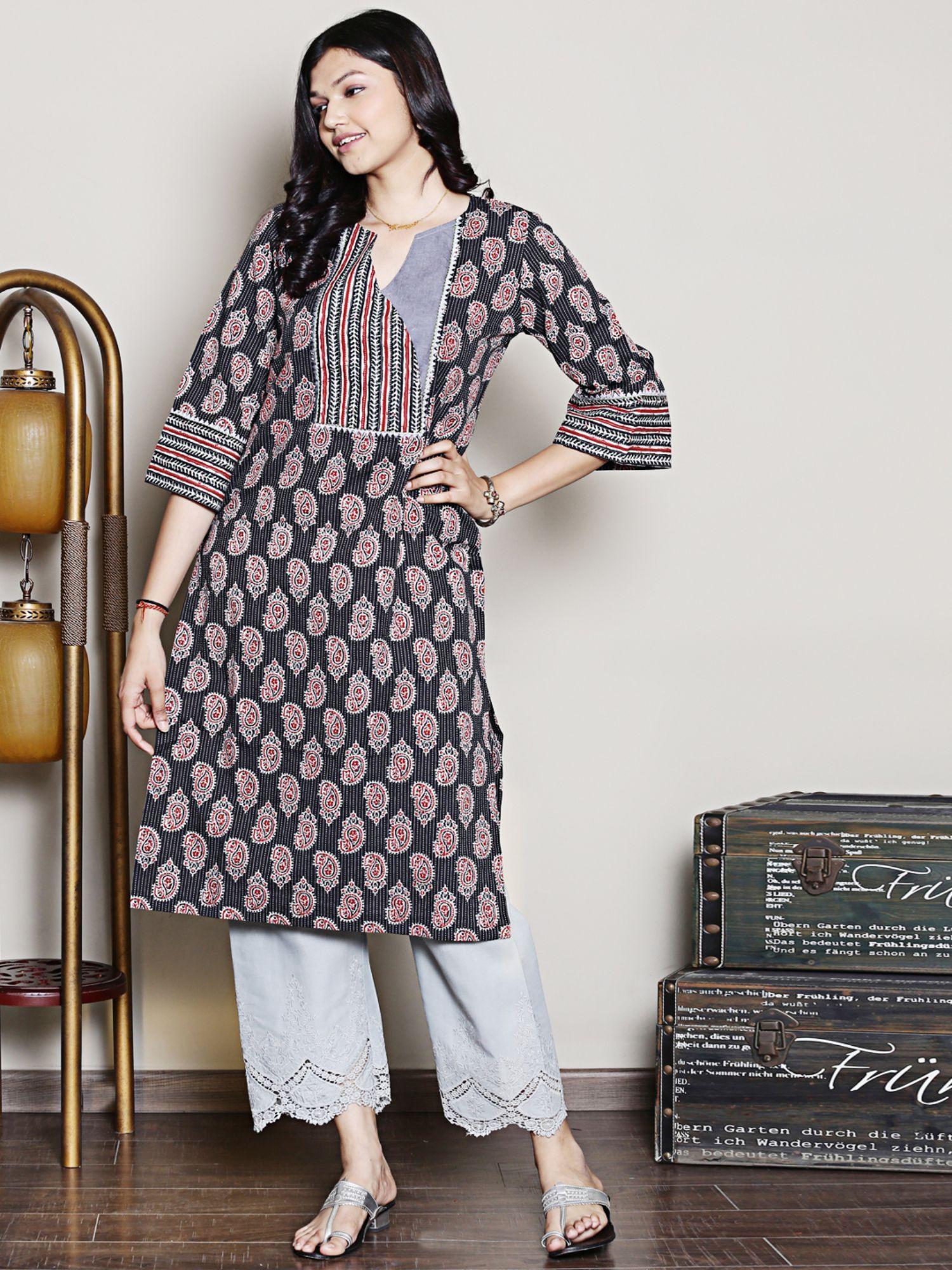 block printed cut yoke kurta