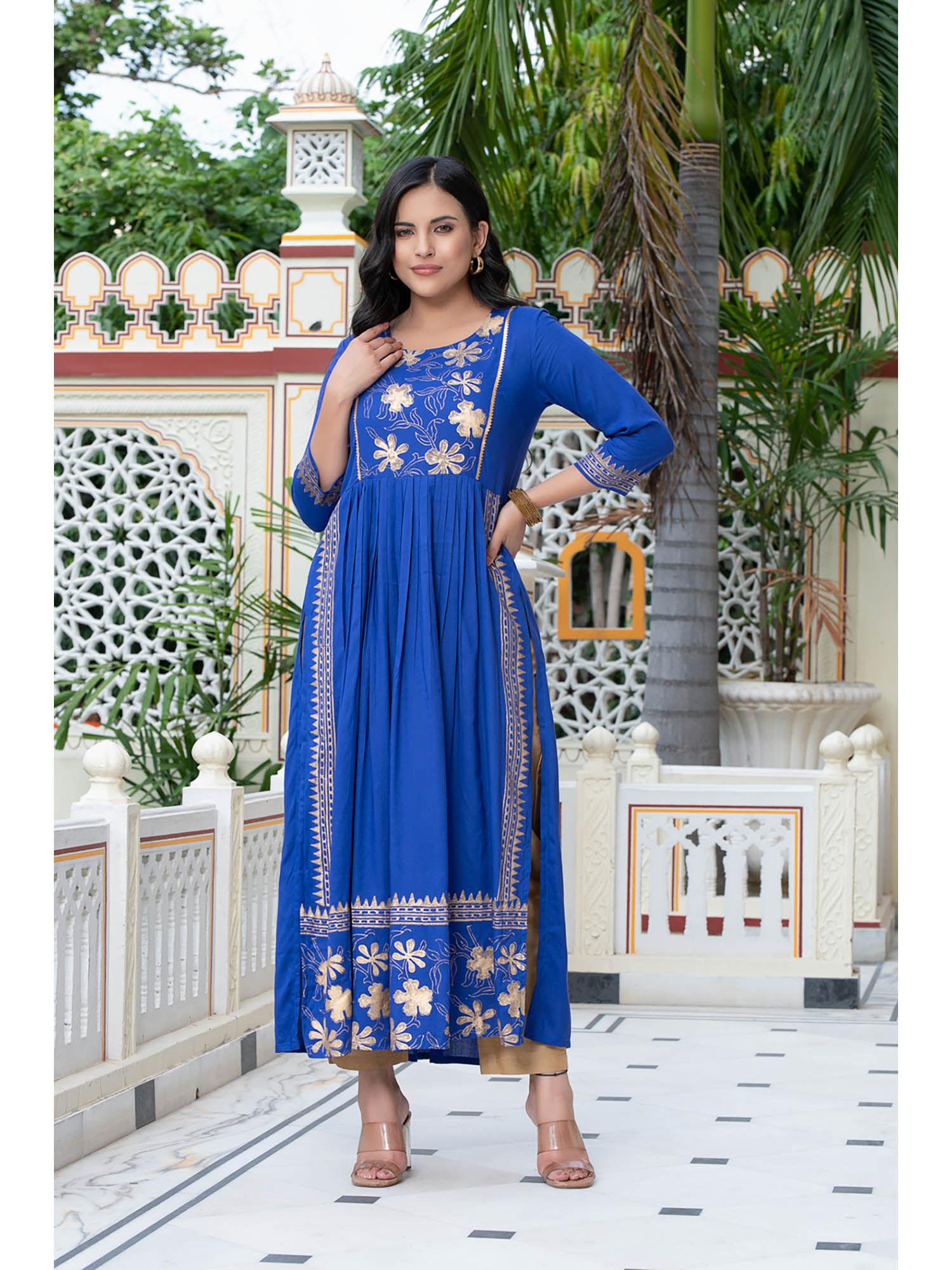 block printed royal blue kurta