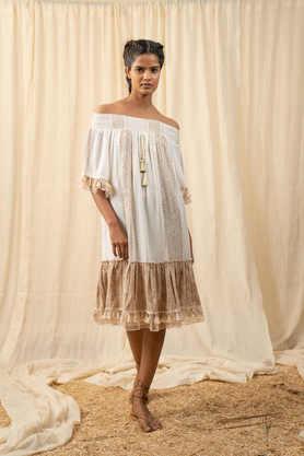block rayon blend off shoulder women's knee length dress - off white