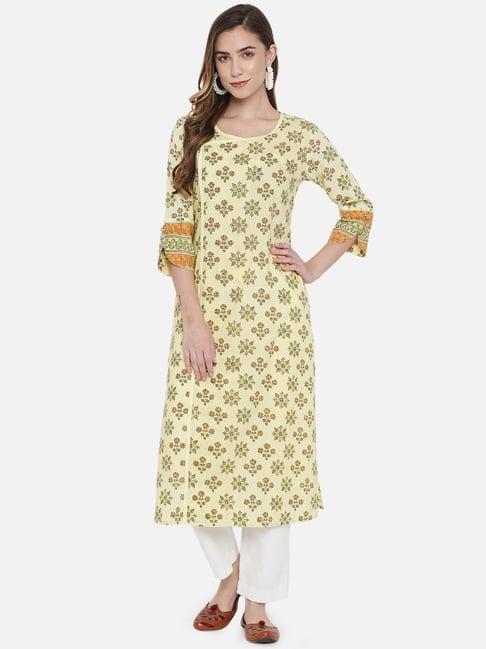 block studio hand block print yellow geometric straight fine fibre cotton kurta