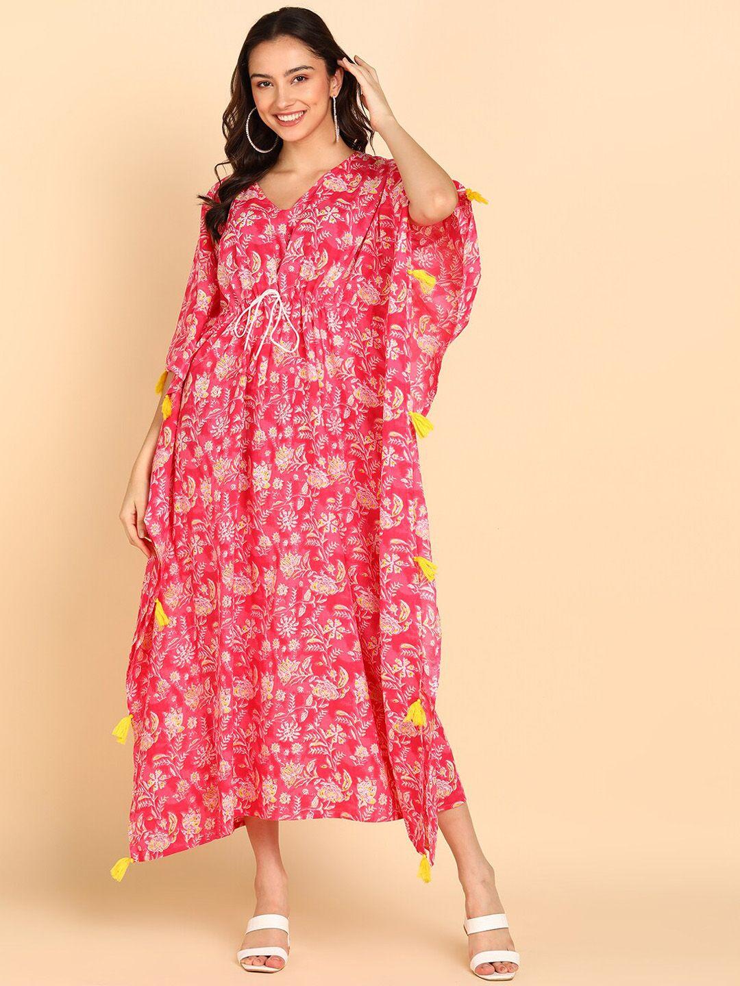 blocks of india floral printed kimono sleeves tie up pure cotton kaftan dress
