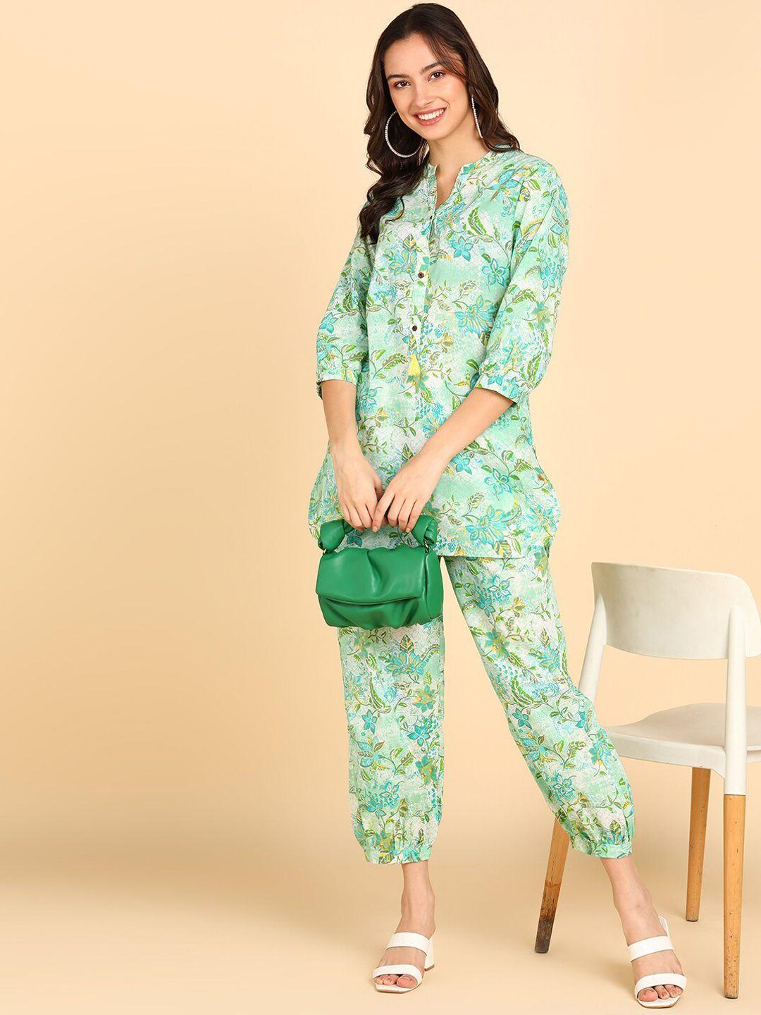 blocks of india floral printed pure cotton tunic & trousers