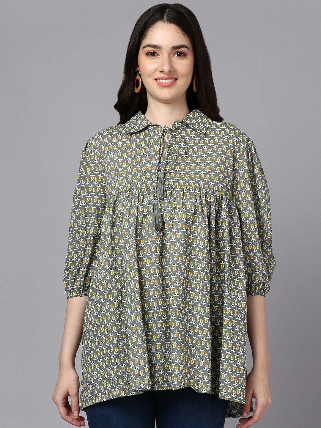 blocks of india green print tie-up neck puff sleeve cotton longline top