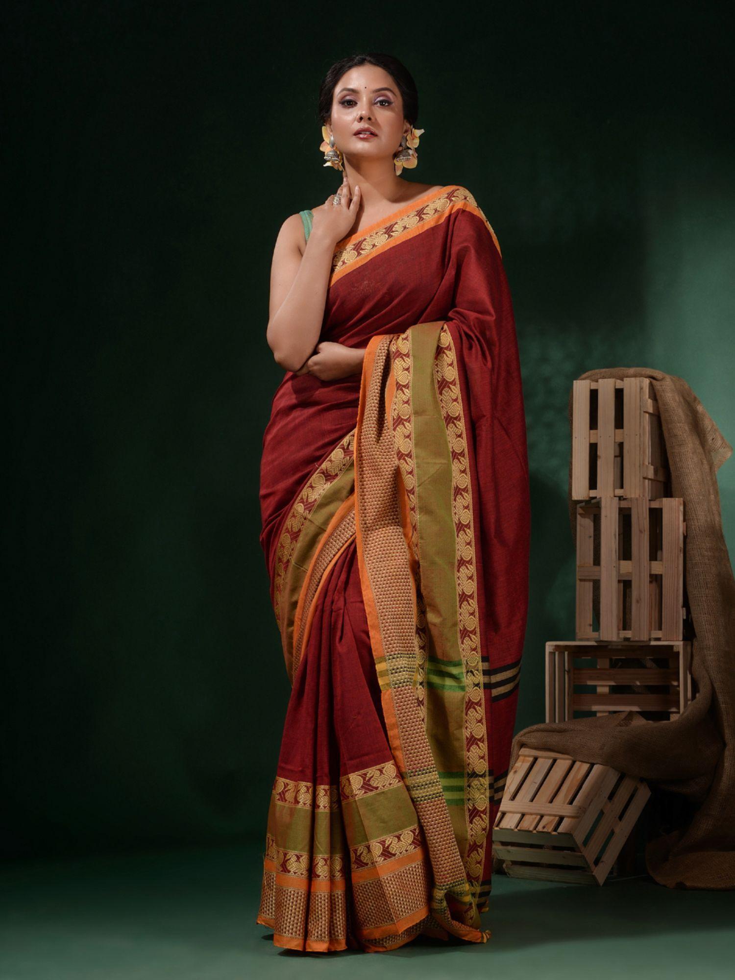 blood red cotton handwoven borders saree with unstitched blouse