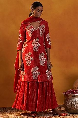 blood red crinkled cotton silk gharara set