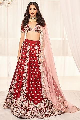 blood red dupion silk resham & zardosi embroidered lehenga set