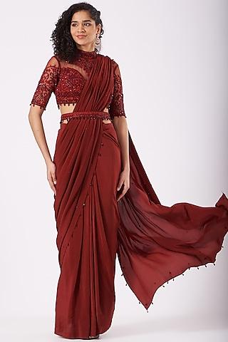 blood-red hand embroidered draped saree set