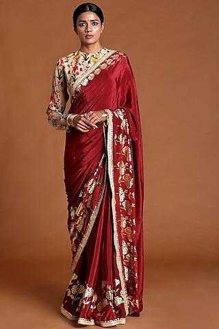 blood-red printed & embellished saree set