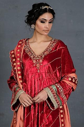 blood red velvet embroidered kurta set for girls