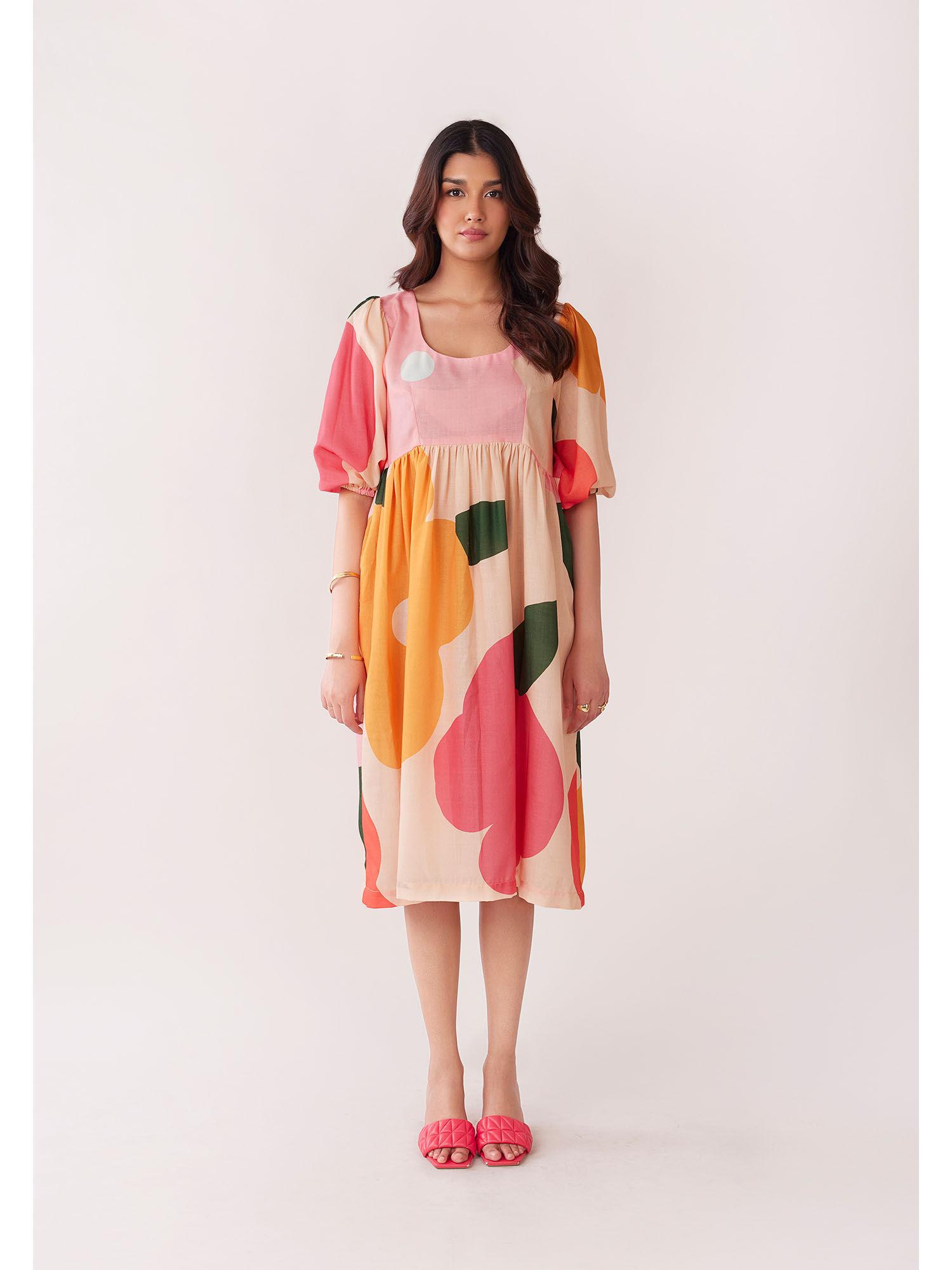 bloom printed balloon sleeves dress