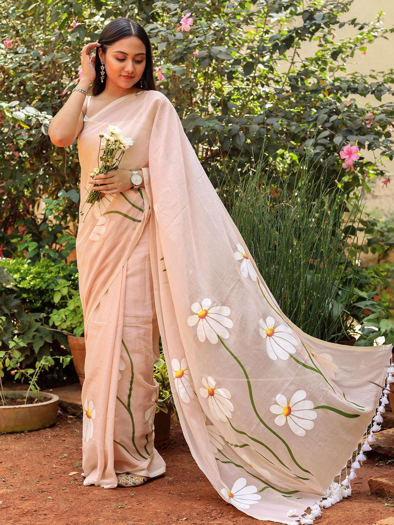 blossom breeze cream printed mulmul cotton saree