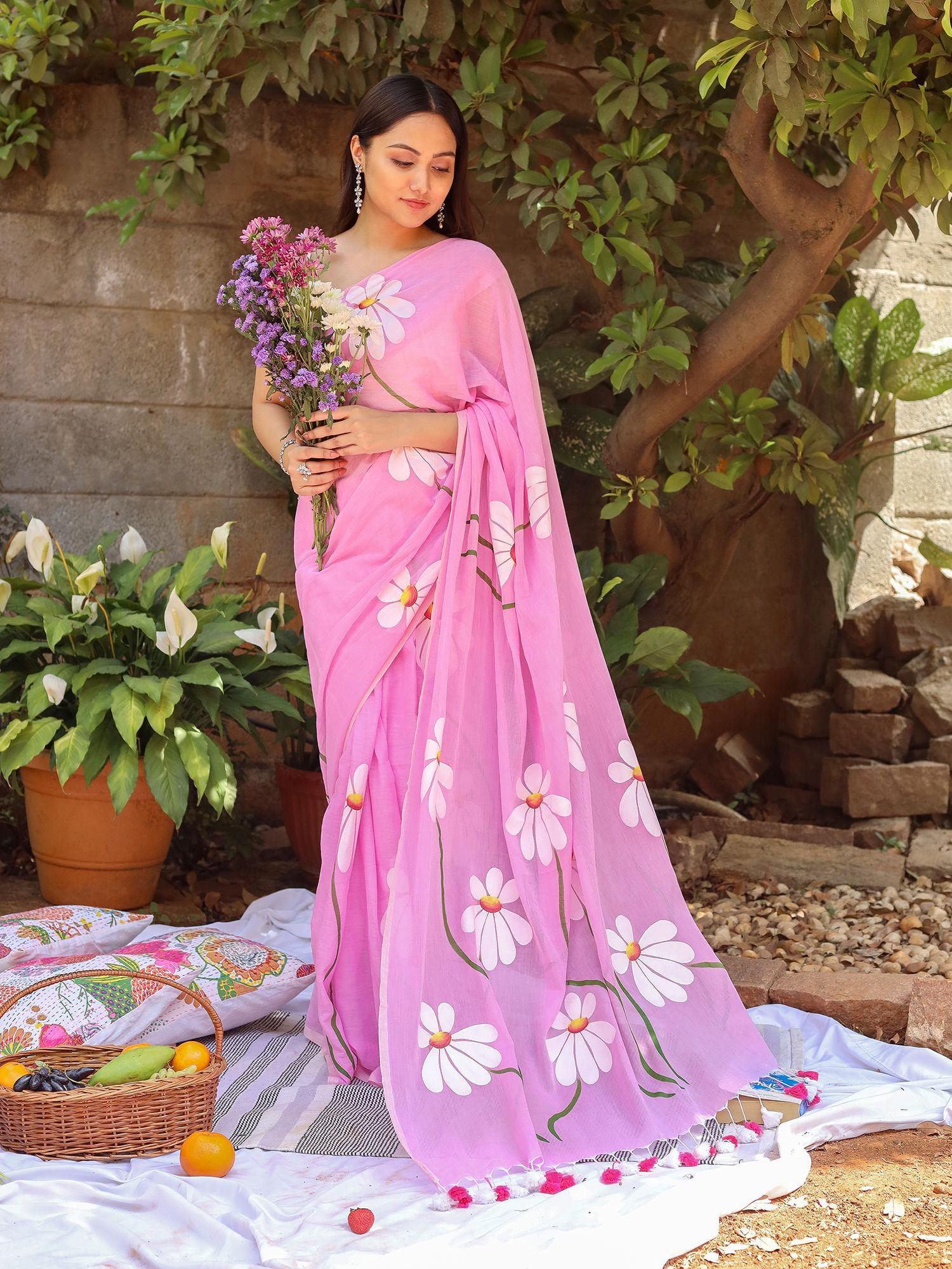 blossom breeze lavender printed mulmul cotton saree