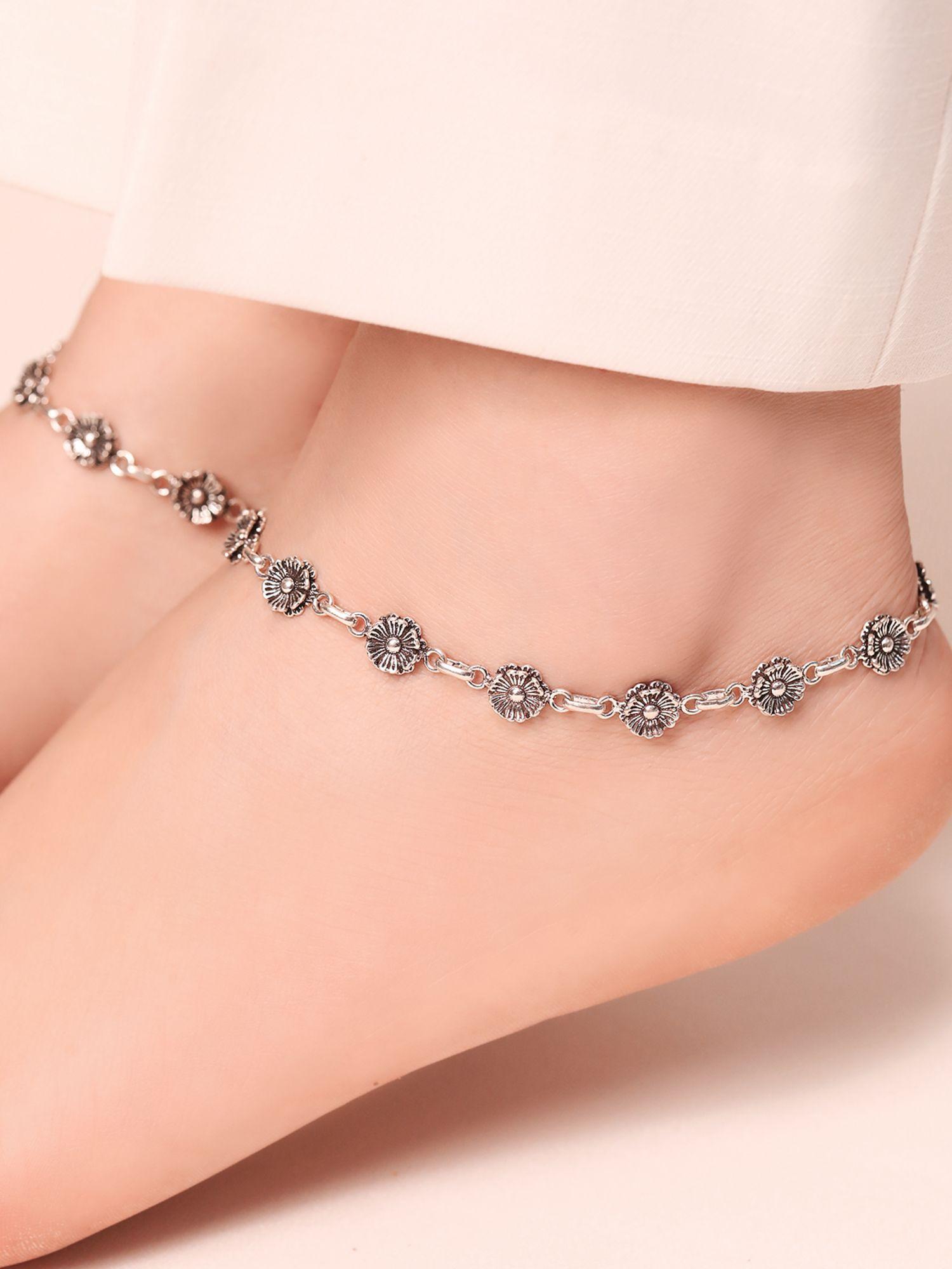blossom elegance 925 sterling silver rhodium-plated flower anklet- pair