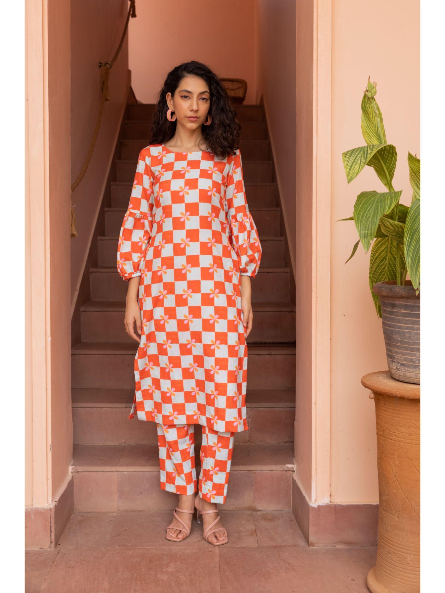 blossom peach checks kurta