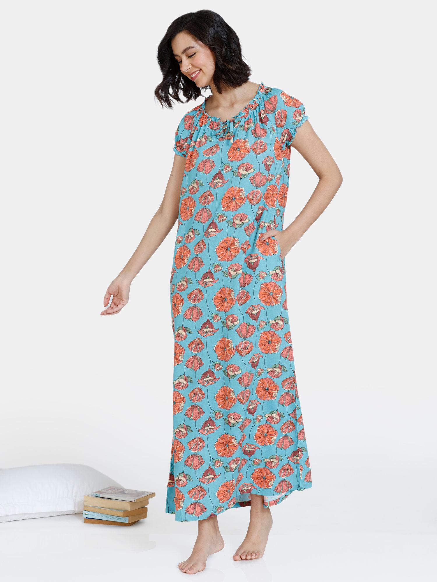 blotched bloom woven full length nightdress -pool blue