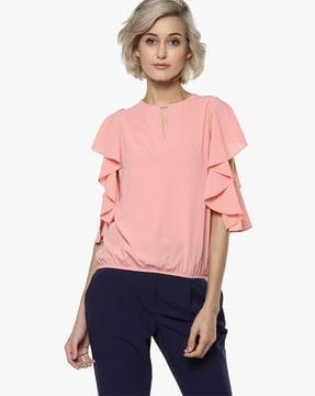 blouson top with ruffled sleeves