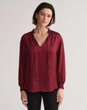 blouson top with tie up neckline