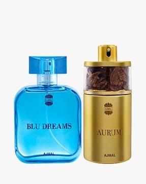 blu dreams edp citurs fruity perfume for men and aurum edp fruity floral perfume for women + 2 parfum testers