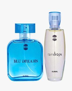 blu dreams edp citurs fruity perfume for men and raindrops edp floral chypre perfume for women + 2 parfum testers