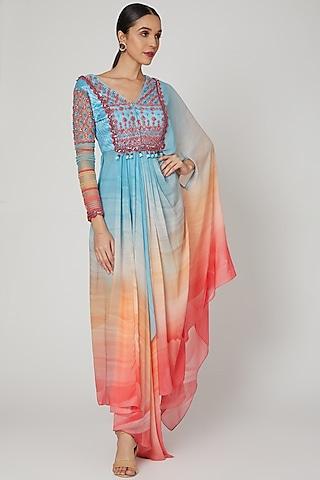blue & coral printed saree kurta set