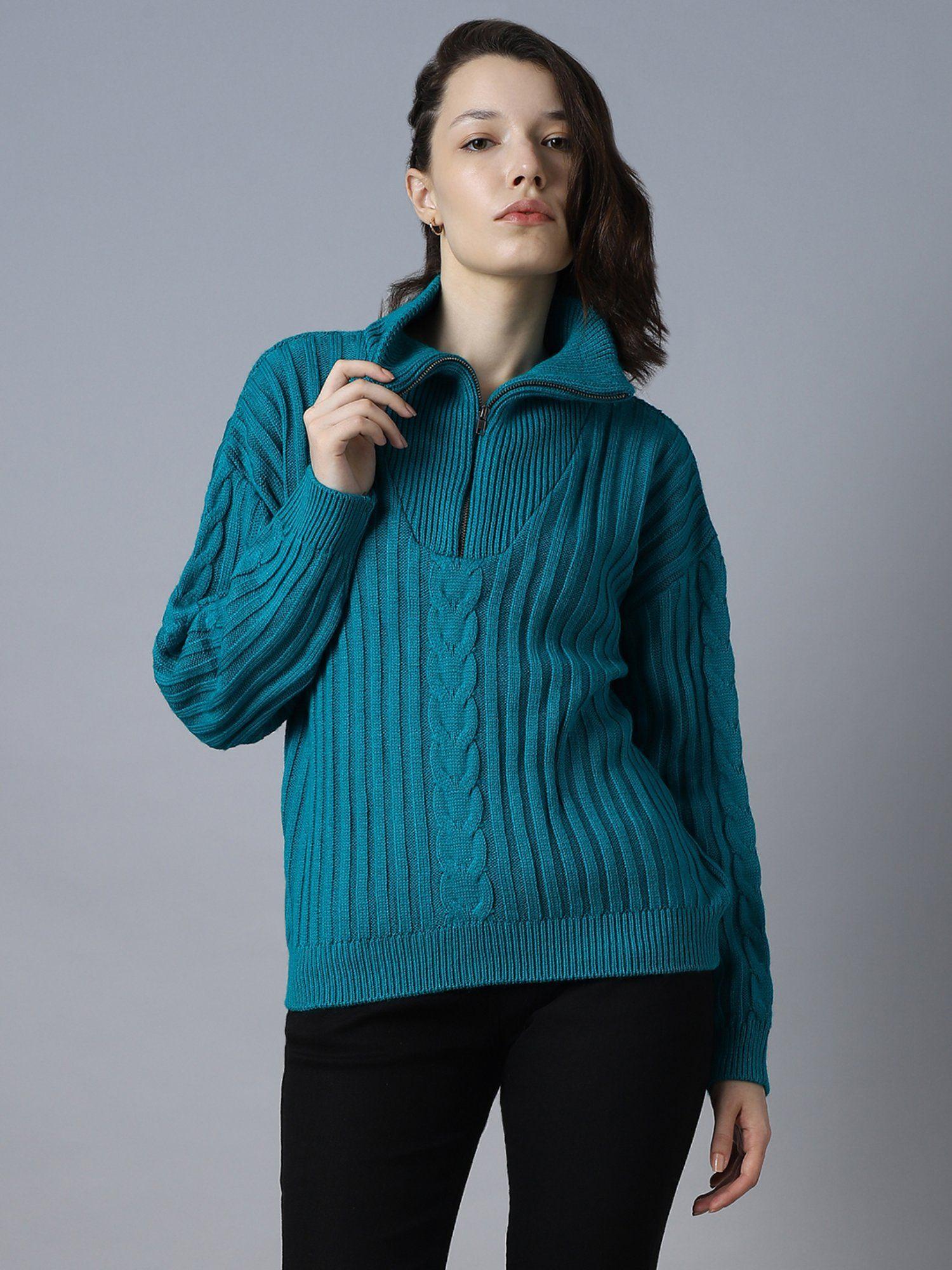 blue acrylic self design long sleeves mock collar sweaters