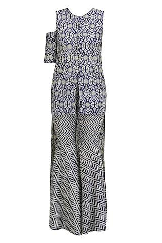 blue and beige printed asymmetric tunic with one detachable split sleeve and sharara pants