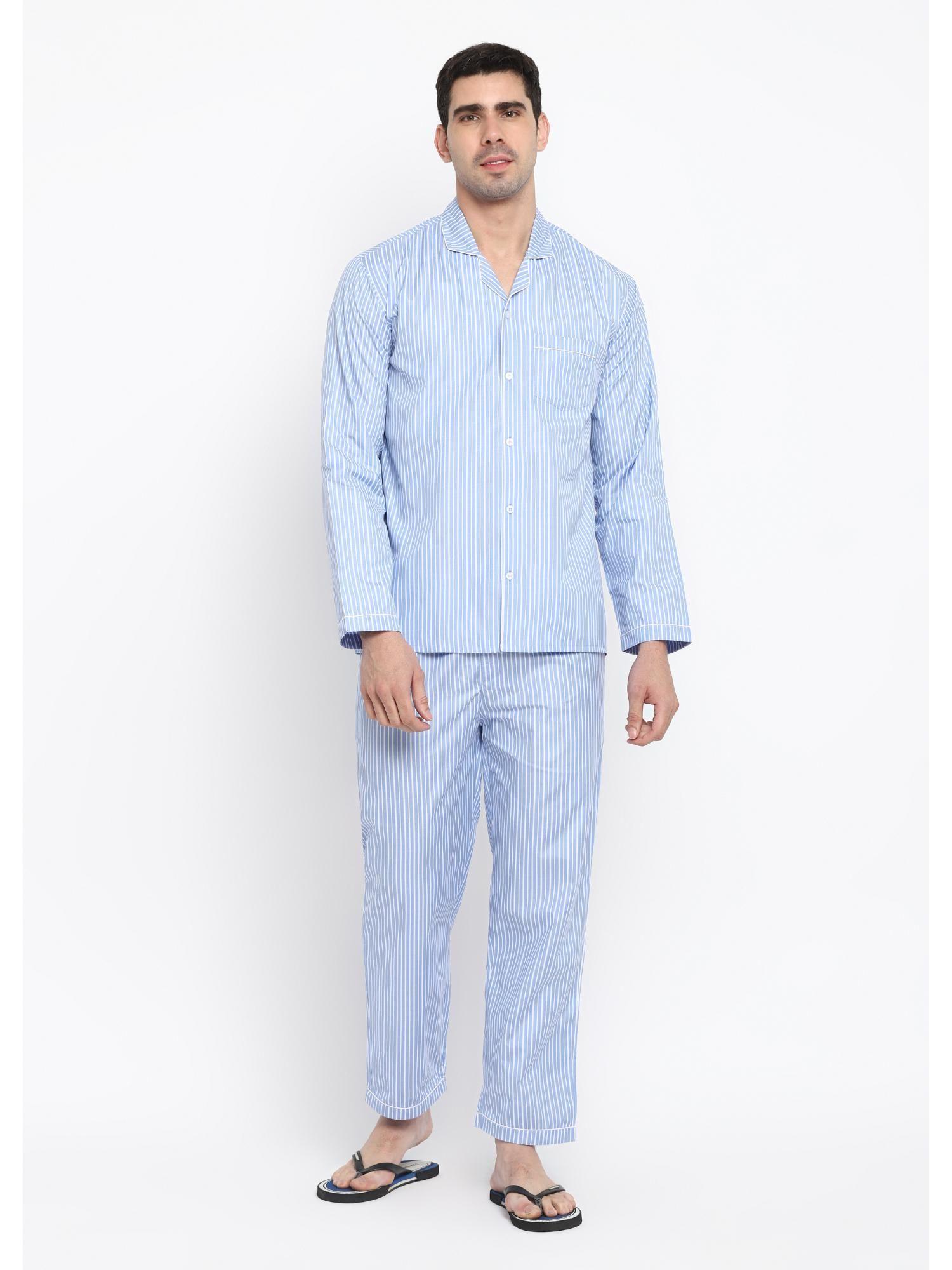 blue and white dotted stripes long sleeve pure cotton night suit (set of 2)