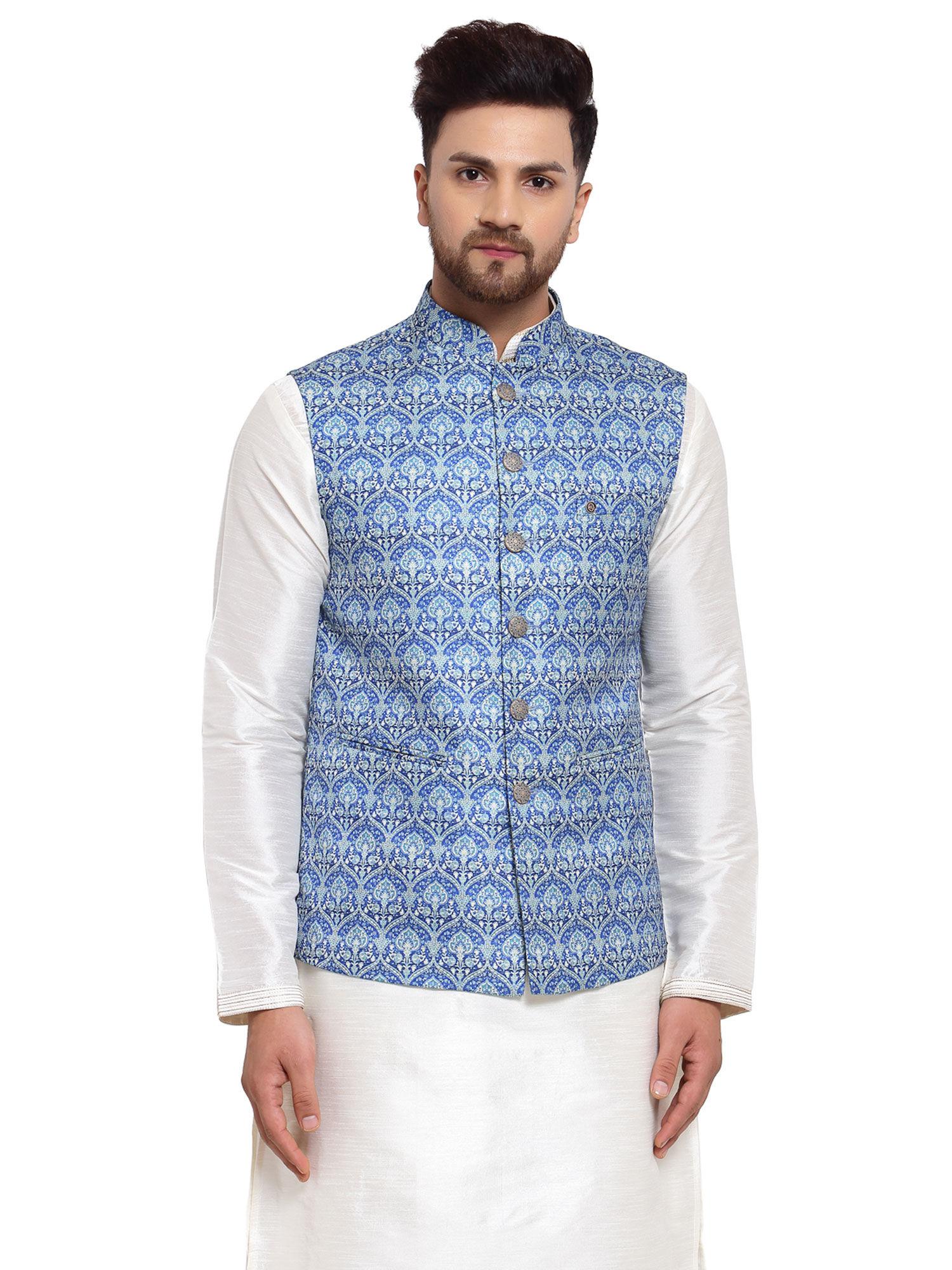 blue art silk printed nehru jacket