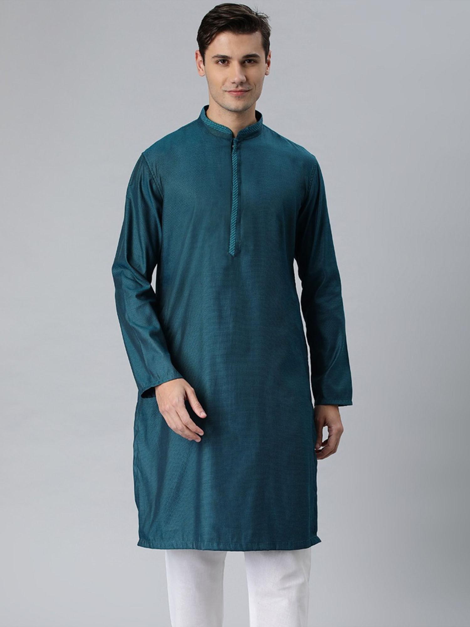 blue blended cotton full sleeves solid kurta