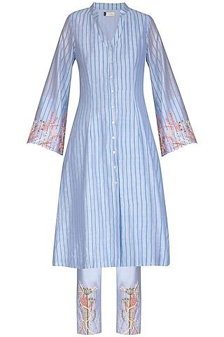 blue block printed striped & embroidered tunic with pencil pants