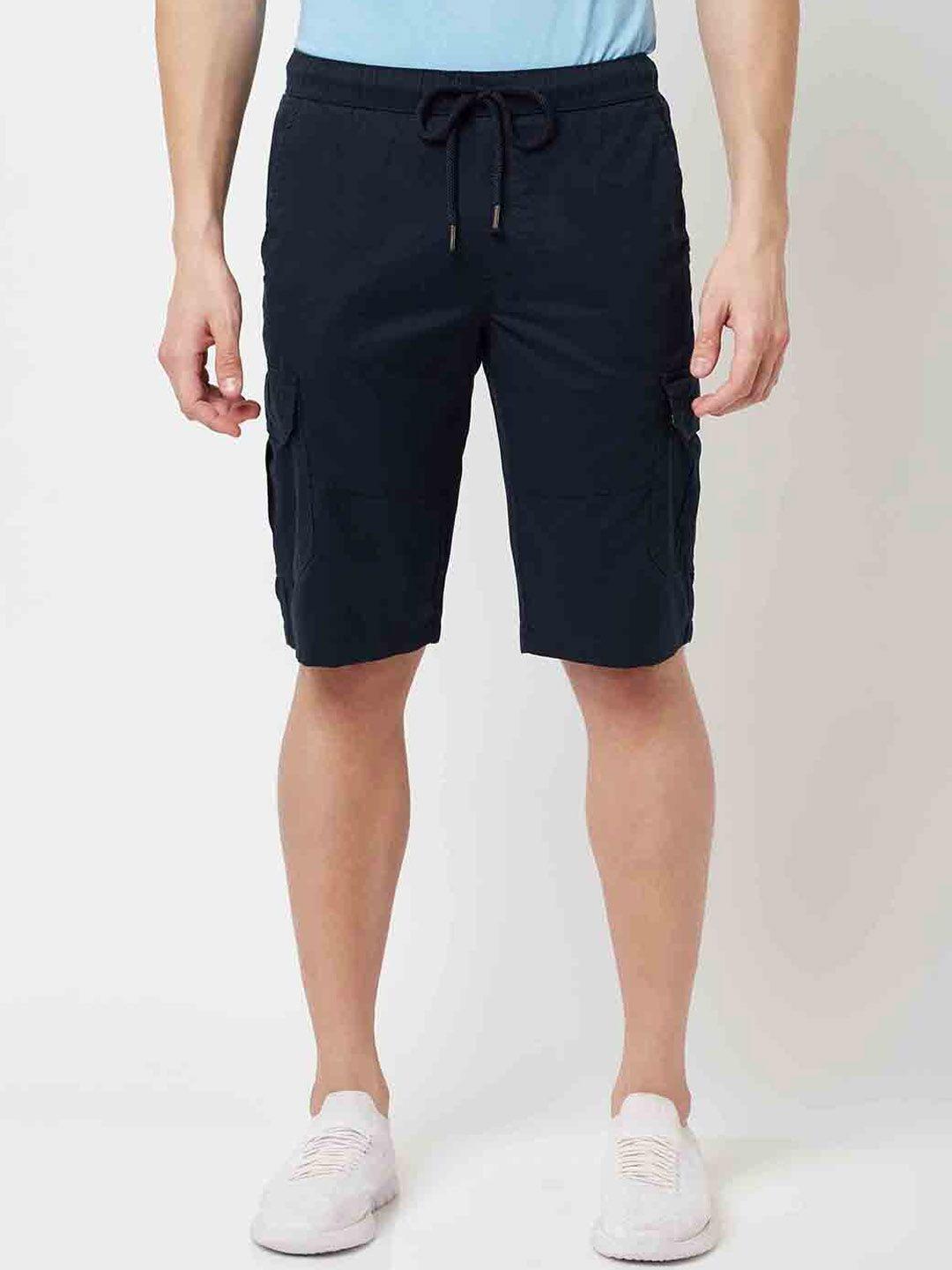 blue buddha men navy blue solid cotton slim fit cargo shorts