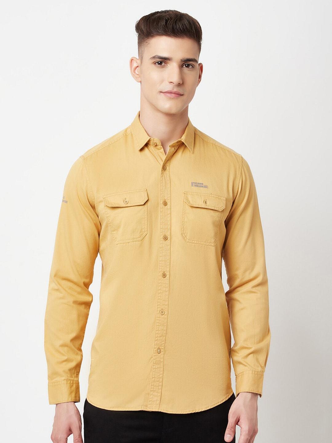 blue buddha men yellow solid cotton casual shirt