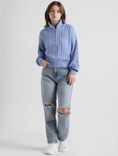 blue cable knit high neck pullover