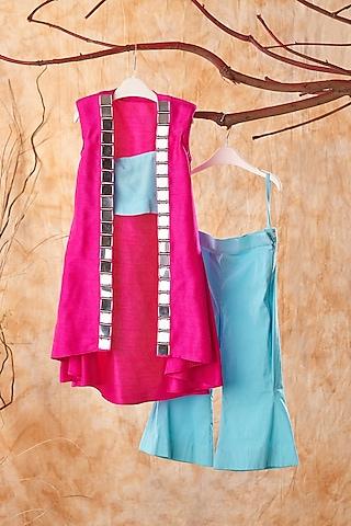 blue cambric & dupion silk pant set for girls