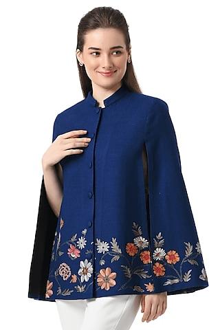blue cashmere wool hand embellished cape