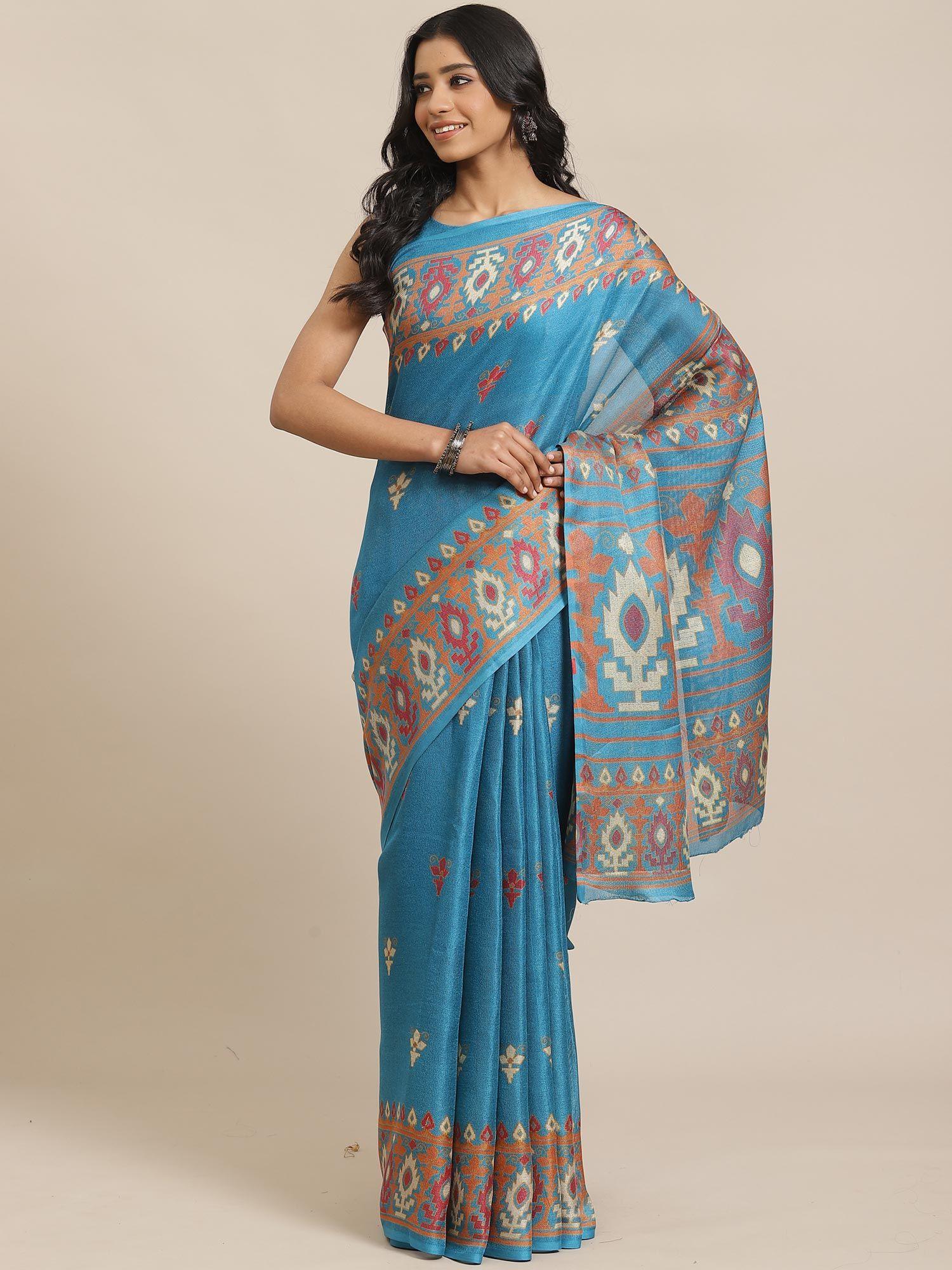 blue casual jutt silk printed saree with unstitched blouse