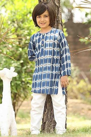 blue chanderi cotton kurta set for boys