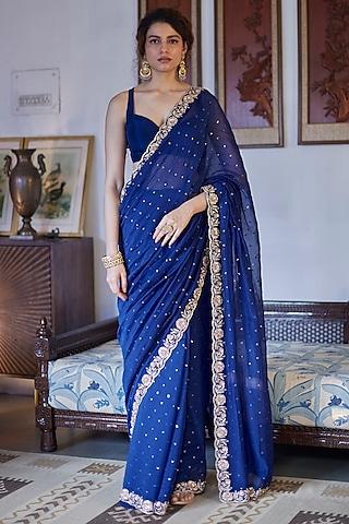 blue chanderi hand embroidered saree set