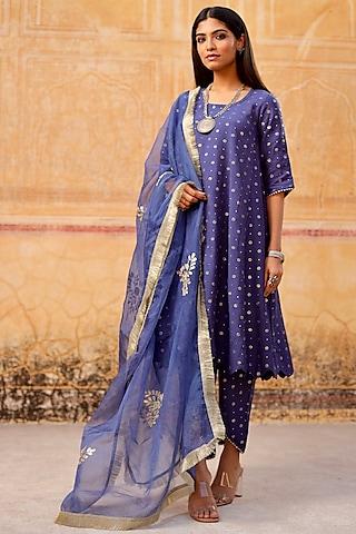 blue chanderi mukaish embroidered kurta set