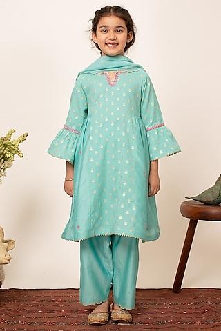 blue chanderi silk embroidered kalidaar kurta set for girls
