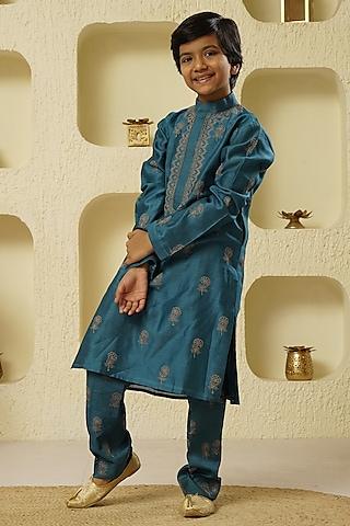 blue chanderi silk embroidered kurta set for boys