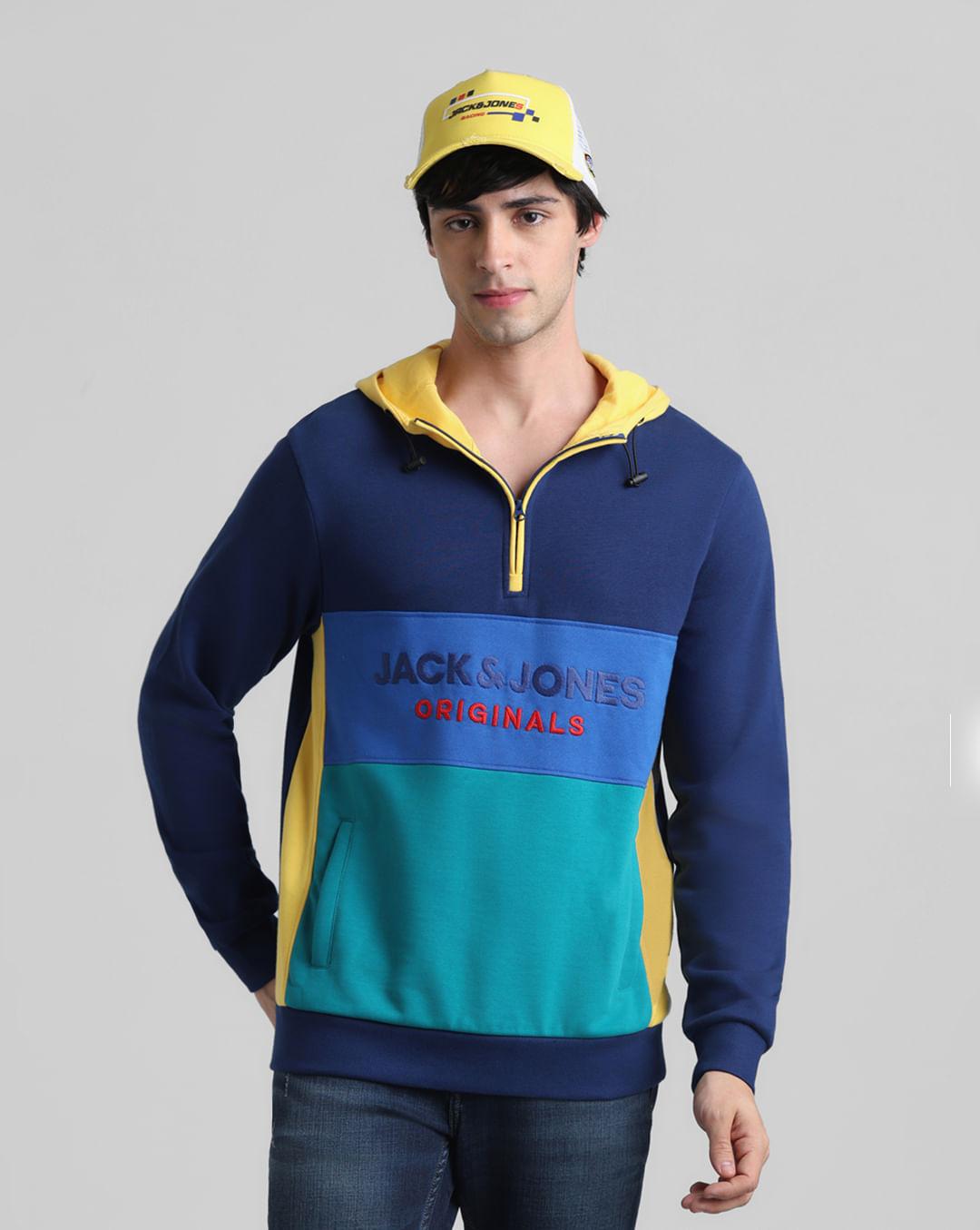 blue colourblocked hooded sweatshirt