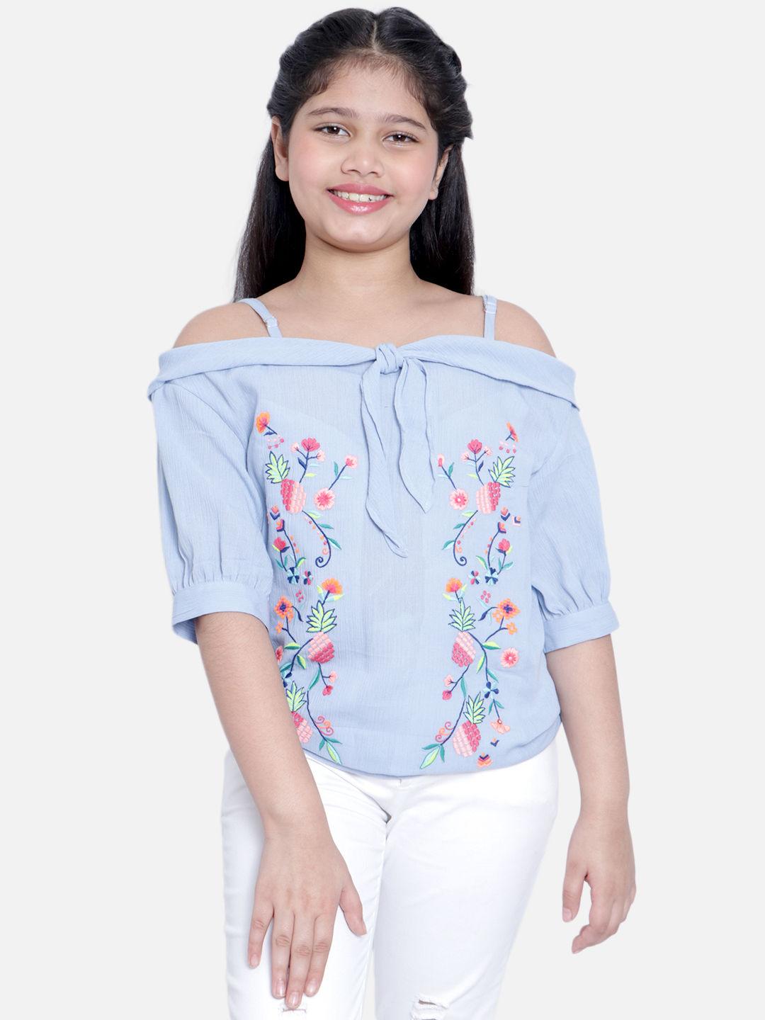 blue coloured embroidered westernwear girls top