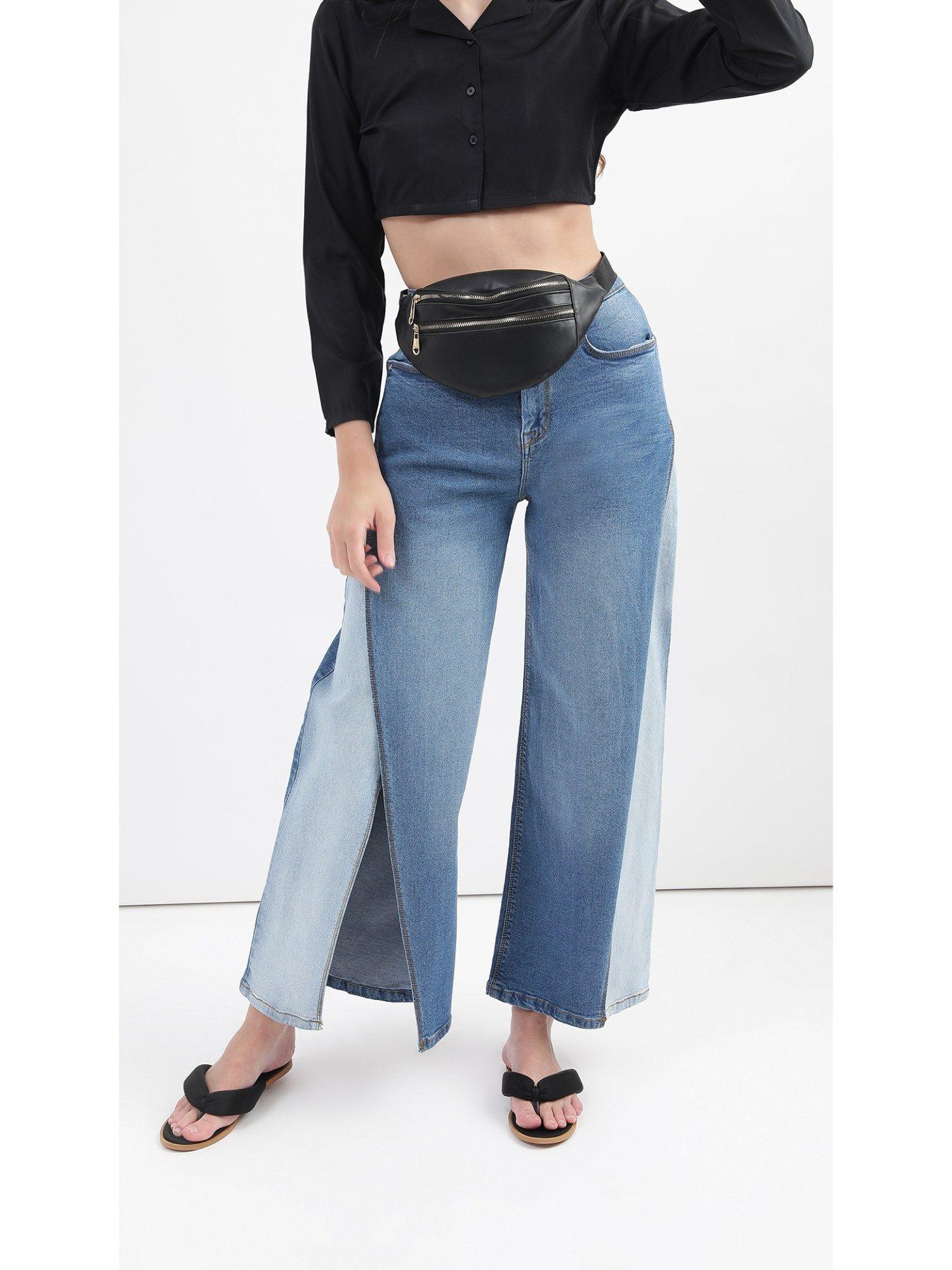 blue contrast high rise wide stretchable jeans