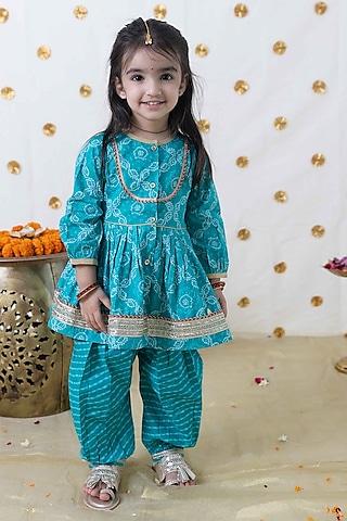 blue cotton bandhani printed angrakha set for girls