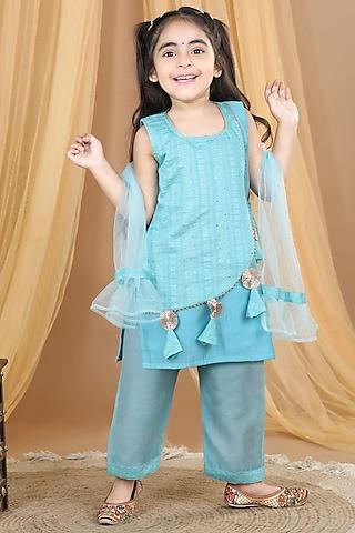 blue cotton embroidered kurta set for girls