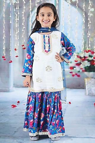 blue cotton floral printed sharara set for girls