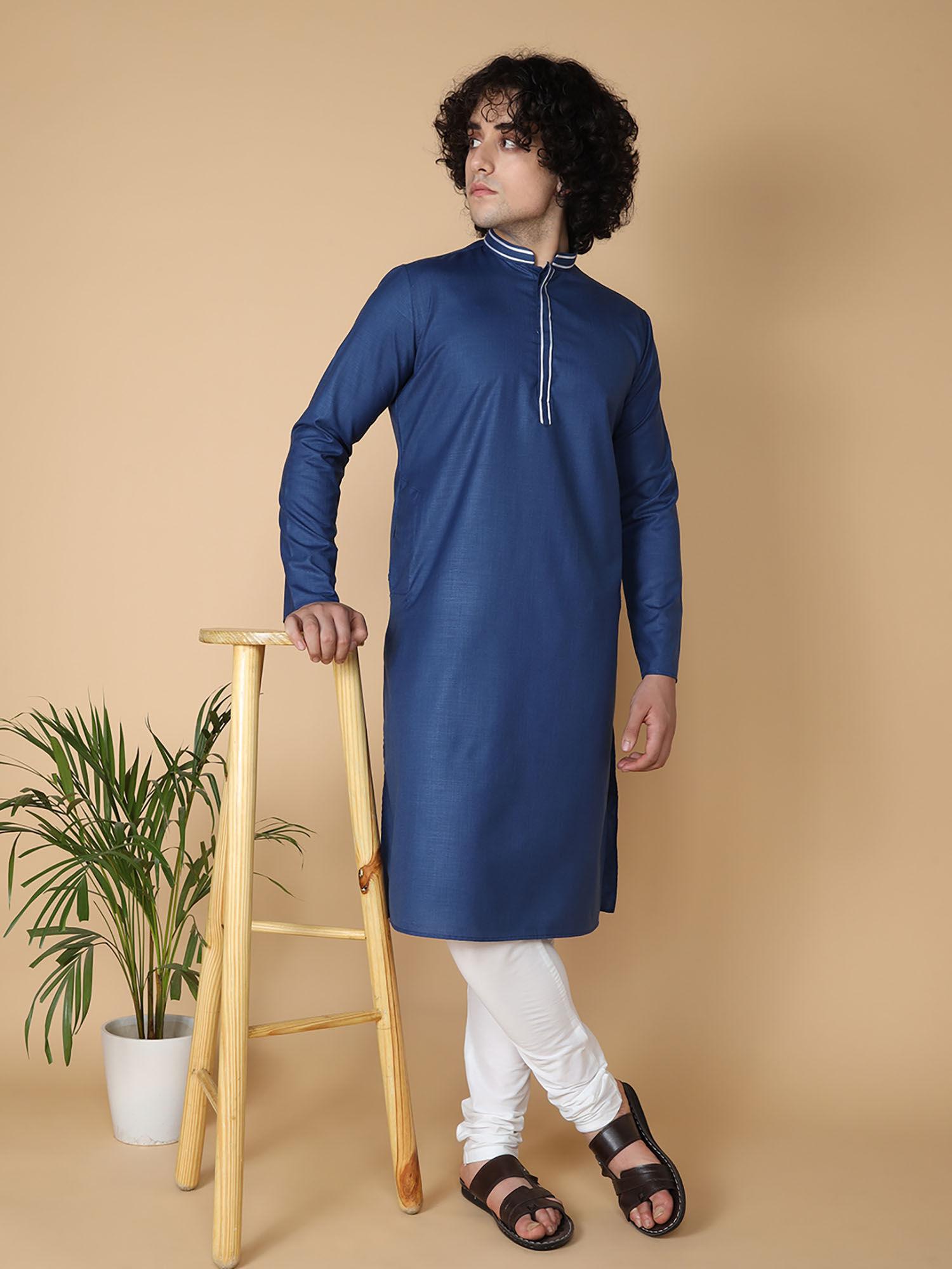 blue cotton full sleeve regular fit plain kurta for men